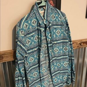 Roper Teal and White Patterned Button Down Shirt